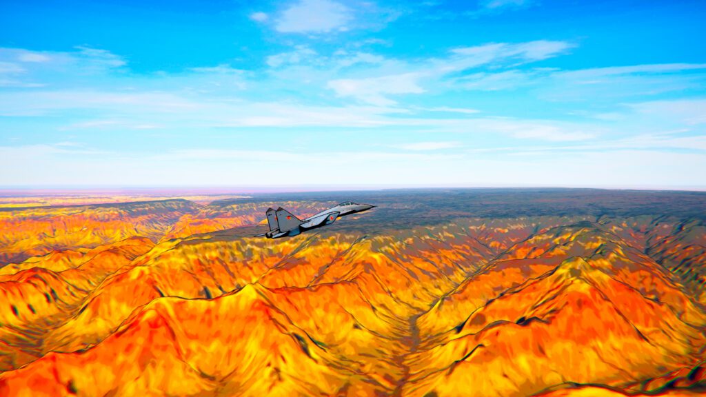 Jet flying low over colorful canyon terrain built from real elevation data